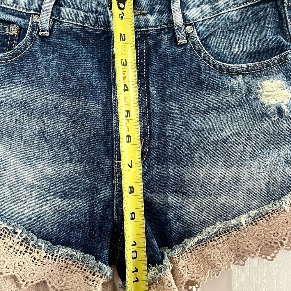 Free People distressed denim shorts Jean cheeky short daisy dukes lace trim boho - Picture 6 of 7